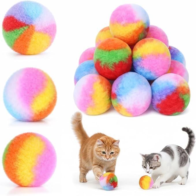 30 Pcs Soft Plush Cat Ball, 1.8 inch Rainbow Colorful Kitty Fuzzy Puff Pom Pom Balls Fun Kitten Quiet Play Kicker Exercise Chasing Toys for Pet Interactive