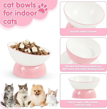 Cat Food Bowl, Ceramic Cat Bowls, Anti Whisker Fatigue Cats Bowl Set,Shallow Wide Kitten Plates for Food and Water (Pale Pink Xie)