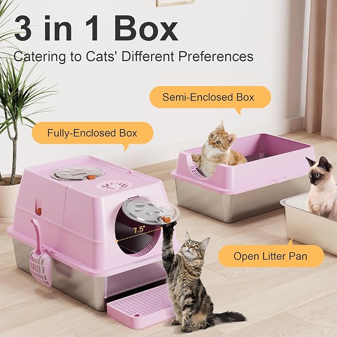 Stainless Steel Litter Box with Lid, XL Extra Large Litter Box, Enclosed Top Entry Metal Litterbox for Big Cat, Easy Cleaning, Anti-Leakage & High Sided with Mat, Aisle & Scoop, Pink