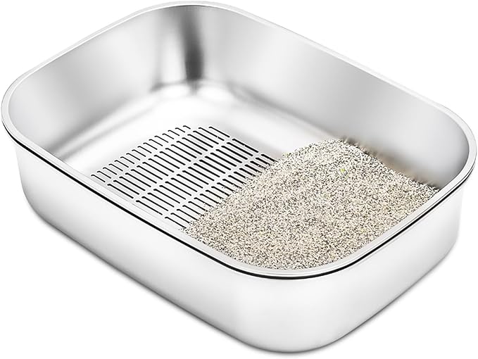 Stainless Steel Sifting Litter Box with Lid, Metal Litter Pan with Scoop for Big Cats Multi Cat, Extra Large Cats Litterbox Odor Control Easy Clean