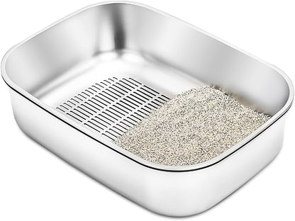 Stainless Steel Sifting Litter Box with Lid, Metal Litter Pan with Scoop for Big Cats Multi Cat, Extra Large Cats Litterbox Odor Control Easy Clean