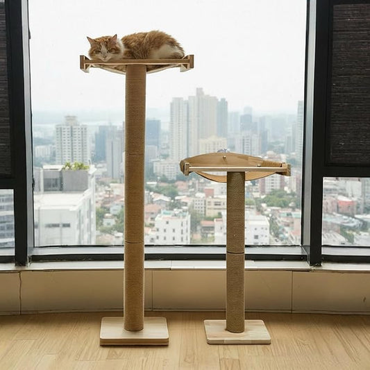 42'' Cat Tree Window Sill Perch with Tall Vertical Scratching Post Height-Adjustable Indoor Hammock Bed for Large Cats Drill-Free Suction Cup Climbing Tree Tower for Sunbathing & Bird Watching (Wood)