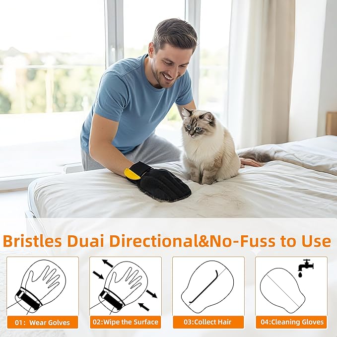 Pet Hair Removal Glove for Cats & Dogs, Patented Adjustable Strap, Reusable Five-Finger Grooming Glove with Secure Non-Slip Fit for Couch, Carpet, Clothing & Car Seat