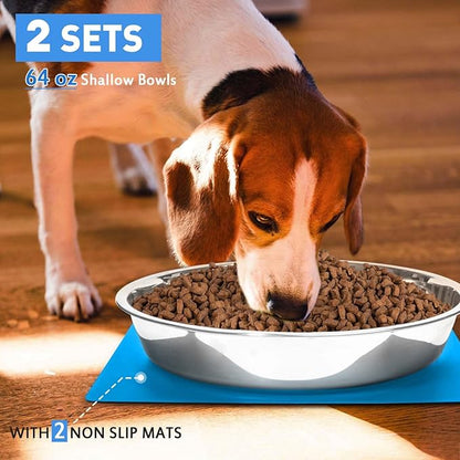 Shallow Dog Food Bowls, Non Slip Food Grade Stainless Steel Bowls for Large Dogs - Interior Size (Dia:10.6" xHeight 2.0") Hold 8 Cups / 2 Quart (2 Packs)