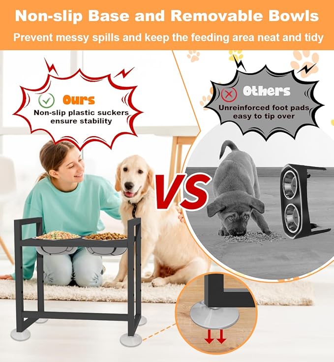Elevated Dog Bowls Stand with 2 Stainless Steel Food & Water Bowls for Large Medium Small Dogs, Adjustable Raised Dog Bowl with Non-Slip Plastic Sucker for Pet,Black