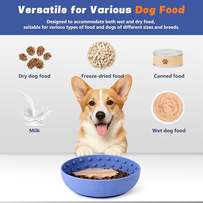 Dog Lick Bowl, Slow Feeder Dog Bowl Licking Mat for Small to Large Dogs, BPA-Free Non-Slip Silicone Slow Feeder Treat Dispenser for Anxiety Relief, Freezer & Dishwasher Safe (Blue, 8.3"×2.6")