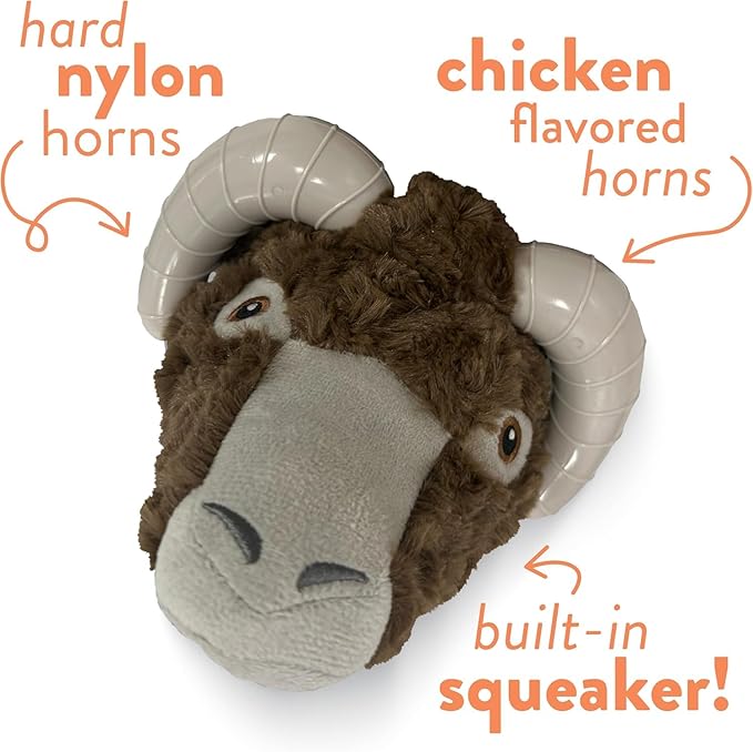 Spunky pup Knucklehead Durable Dog Toy - 2-in-1 Plush & Chew Toy for Aggressive Chewers, Chicken-Flavored Dental Chew, Durable Double-Stitched Squeaker- Ram