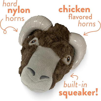 Spunky pup Knucklehead Durable Dog Toy - 2-in-1 Plush & Chew Toy for Aggressive Chewers, Chicken-Flavored Dental Chew, Durable Double-Stitched Squeaker- Ram