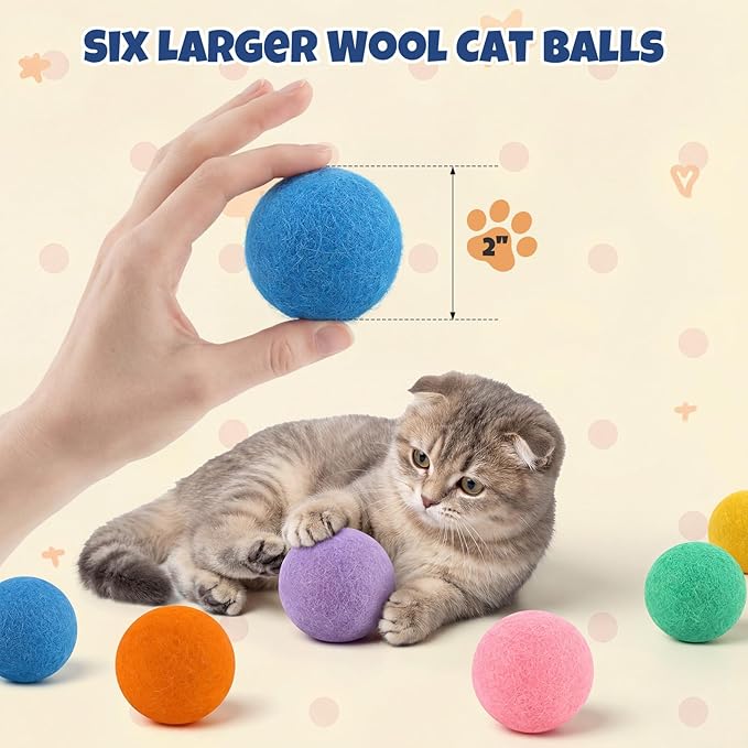 Wool Cat Balls 6 Pack, 100% New Zealand Handmade Wool Felt Cat Toys Balls 2 Inches, Kitten Toys Cats for Indoor Play & Exercise (6 Pack,Multicolor)