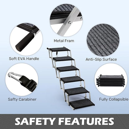 Extra Wide Dog Steps for Car, Truck and SUV - Foldable Pet Stairs for Large Dogs with Non-Slip Rug Surface, Lightweight Dog Ramp Holds Up to 250lbs, 6 Steps