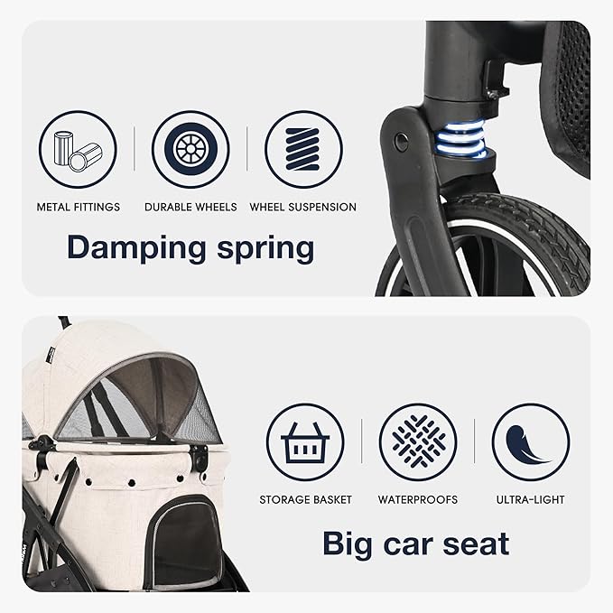 Pet Stroller for Medium Dogs Cats Up to 45 lbs, Waterproof Sunproof, One-Hand Foldable Dog Stroller Cart, Strollers for Dogs and Cat, Beige