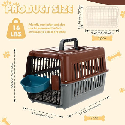 2 Set Travel Pet Carriers for Small Cat Dog Plastic Hard Shell Carrier Cat with Bowl Wire Door Grille Mat Portable Breathable Security Lock Puppy Kennel for Travel Airline, 17.5", up to 13lbs(Brown)