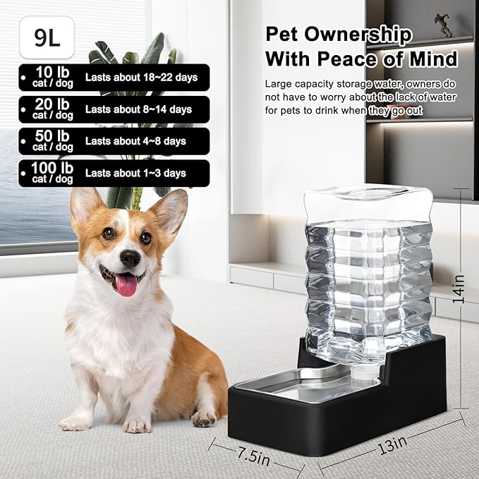 RIZZARI Stainless Steel Pet Water Feeder: 9L Large Gravity Leak-Proof Auto Refill Water Dispenser -Ideal for Multi-Pet Homes- Anti-Tip Base -No Filter- Easy Clean - for 30-60 LB Dogs- Home/Garage