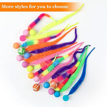 SHENGSEN Bouncy Ball with Tail Cat Toys-5 Packs,Large Magic Worm with Fluorescent Ball Toy for Cats,Colorful Fuzzy Worm Bouncy Glow Balls Cat Toy