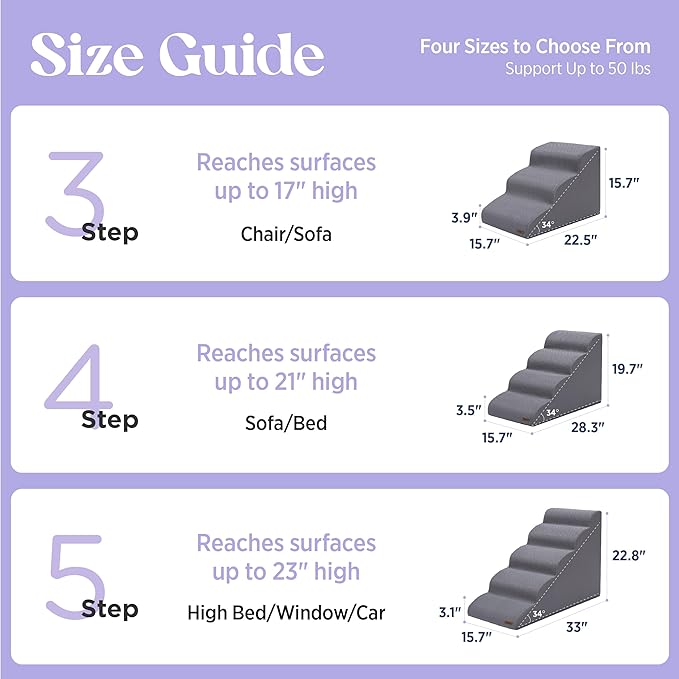 Lesure Dog Stairs for Small Dogs Pet Steps Ramp for High Bed and Couch with CertiPUR-US Certified Foam with Non-Slip Bottom, Grey, 4 Steps