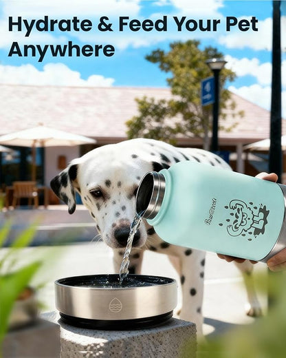 34oz Dog Water Bottle, Stainless Steel Dog Water Bottle Dispenser with Detachable Food & Water Bowls, Keeps Water Hot/Cold, for Walking, Hiking, Camping(Pale Blue)