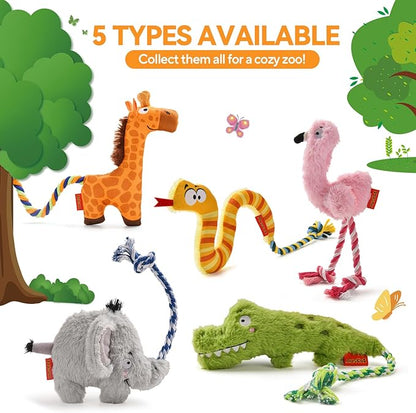 AUSCAT Plush Dog Rope Toy, Durable Squeaky Dog Toys for Puppy Small Medium Dogs (Not for Aggressive Chewers), Crocodile & Elephant & Flamingo