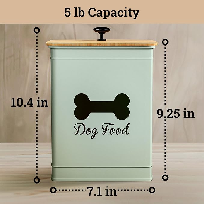 Dog Food Container Airtight 5-7 lb (25 Cup) Capacity - Cute Airtight Dog Food Storage Container with Bamboo Lid & Sturdy Metal Handle - Green Metal Kibble Storage Bin for Dogs up to 50 lbs - Pet Jar