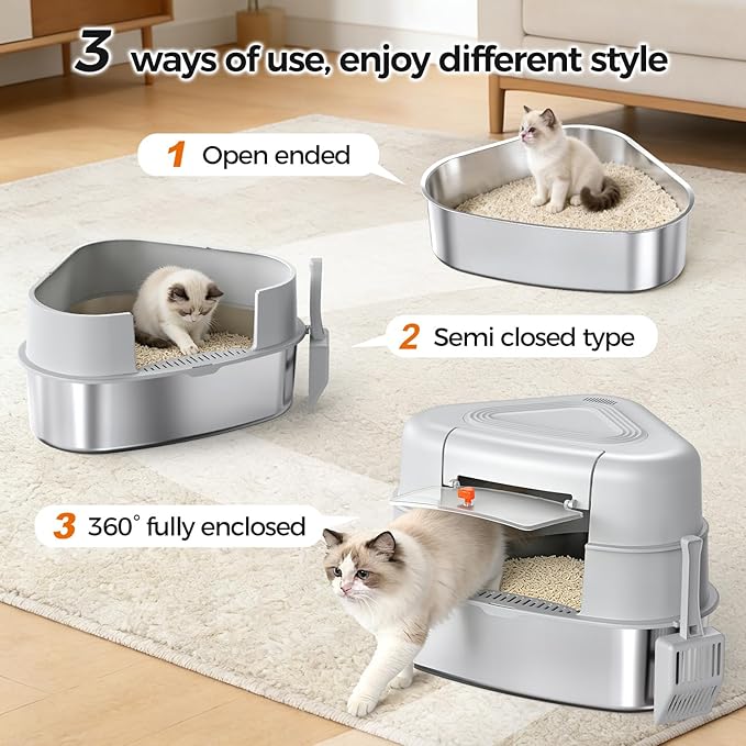 XXL Stainless Steel Corner Cat Litter Box with Lid - Sturdy, No Odor & Space-Saving Hidden Design for Large Cats, Grey