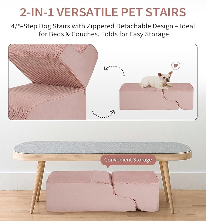 Made4Pets Dog Stairs Ramp for Small Dogs 15.7" H, 3-Step Dog Steps for Bed Couch Sofa and Chair, 35D Foam Pet Steps for Small Dogs and Cats, Non-Slip Bottom Pet Stairs, Pink