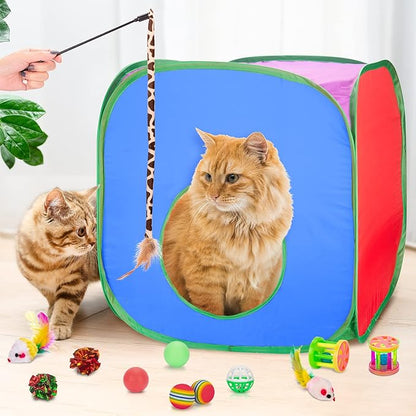 Retro Shaw Cat Toys Set, 33 Pack, Interactive Kitten Toys for Indoor Cats Kitty with Collapsible Cat Tunnel Tube Tent Feather Wand Teaser Bell Fuzzy Pompom Crinkle Ball Springs Mice Toys