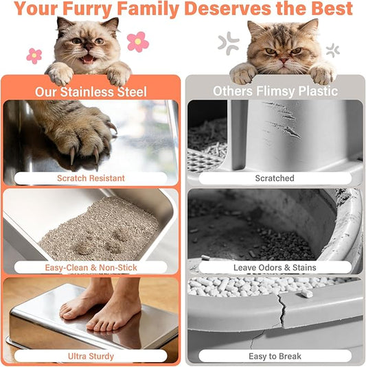 Stainless Steel Cat Litter Box with Lid, XL Metal Litter Box, Extra Large Litterbox for Big Cats, High Sided | Easy Cleaning | Odor-Free Includes Scoop and Mat