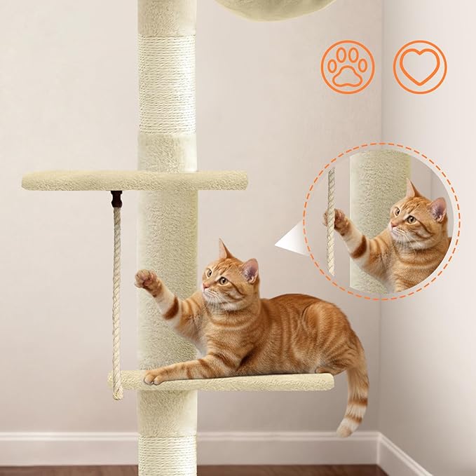 Cat Tree 5-Tier Floor to Ceiling Cat Tower with Cozy Hammock, 89-109 Inch Adjustable Height Sisal Scratching Post, Provides Vertical Enrichment for Jumping & Climbing, Beige