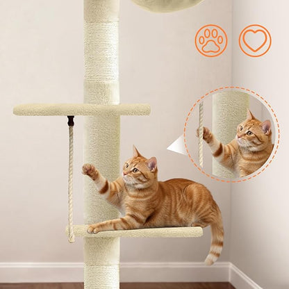 Cat Tree 5-Tier Floor to Ceiling Cat Tower with Cozy Hammock, 89-109 Inch Adjustable Height Sisal Scratching Post, Provides Vertical Enrichment for Jumping & Climbing, Beige