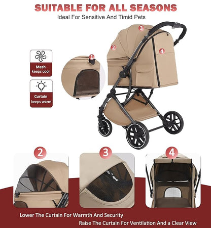 Small Dog Stroller, Pet Stroller for Small Dogs up to 55lbs- Fold All in One Without Detaching Carrier, Cat Stroller with Reversible Handle,Cup Holder (Khaki)