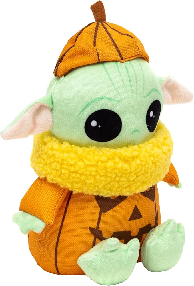 Star Wars Squeaky Plush Dog Toy for Large, Medium & Small Dogs, Halloween Grogu Pumpkin Sitting Pose, 8.5" x 7.0"
