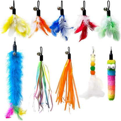 AcceLeah Cat Toy Replacement Feathers Wand Refills, Natural Bird Dragonfly Worm Refill, Replacement for Cat Wand (10Pcs（Feathers+Worm）)