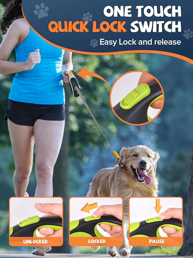 Retractable Dog Leash with LED Flashlight, Douexio Upgrade 3 in 1 Dog Leash Retractable for Small Medium Dogs Up to 66 lbs, 16ft, Anti-Slip Handle (Black-Green)