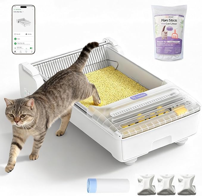 Fully Open Top Automatic Self Cleaning Cat Litter Box, Extra Large Electric Litter Box with APP Control Health Monitor, Smart Litter Tray for Multiple Cats, Anti-Pinch, Come with 5lb Cassava Litter