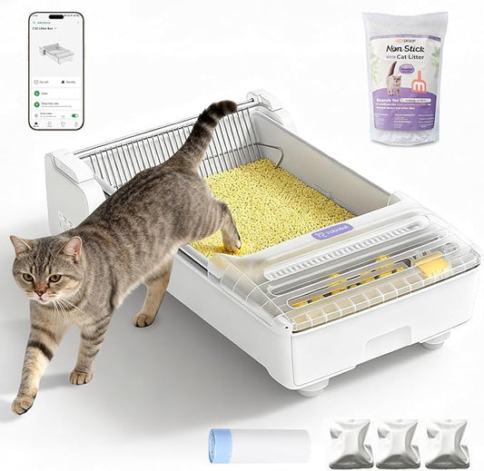 Fully Open Top Automatic Self Cleaning Cat Litter Box, Extra Large Electric Litter Box with APP Control Health Monitor, Smart Litter Tray for Multiple Cats, Anti-Pinch, Come with 5lb Cassava Litter
