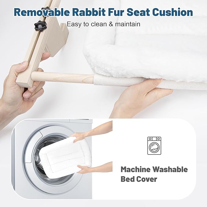 Cat Sill Window Perch - 100% Natural Pine Frame, Soft Rabbit Fur Cushion, Tool-Free Adjustment, Supports 50 lbs (Large-White)