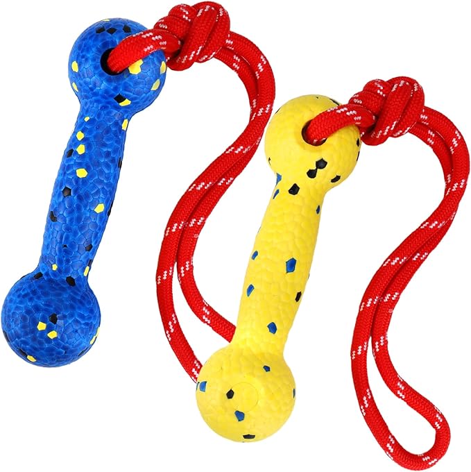 Mity rain Floating Dog Toys –E-TPU Water Pool Fetching Toy with Rope for Small Medium Large Pet, Bumper Shape Indestructible Interactive Dog Chew Toys for Summer Outdoor Training Fun (Yellow+Blue)