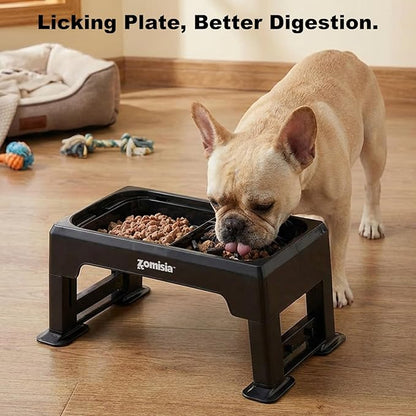 3-in-1 Raised Dog Bowl - 6 Height Adjustable Elevated Dog Bowls, Double Deck Design Mess Proof, Feeding Station with 2L No Spill Stainless Steel Bowls & Licking Plate for Medium Large Pets