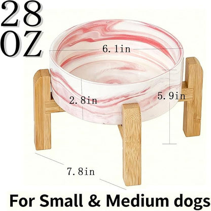 Elevated/Raised Ceramic Dog Bowl with Bamboo Stand,Marble Pattern 6 Inch 3.6 Cups Non Slip Heavy Weighted Single Pet Dish, for Small Medium Breed & Cats,Reduces Neck Strain Marble Pink