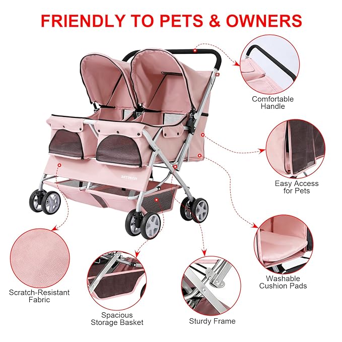 Double Pet Stroller for 2 Small Dogs & Cats, Side-by-Side Twin Travel Carriage with Safety Leashes, Mesh Windows & Double Storage Baskets, Lightweight & Foldable, 44lbs Capacity, Pink