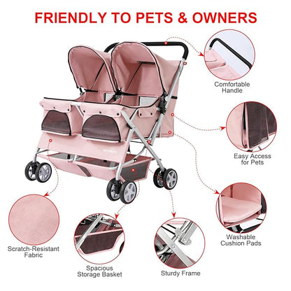 Double Pet Stroller for 2 Small Dogs & Cats, Side-by-Side Twin Travel Carriage with Safety Leashes, Mesh Windows & Double Storage Baskets, Lightweight & Foldable, 44lbs Capacity, Pink