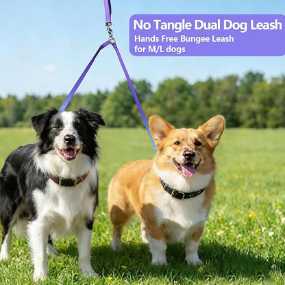 Roses&Poetry Hands Free Double Dog Leash for Two Dogs, 9-11ft Adjustable Bungee Walking Waist Lead, Dual Dog Leash with Tangle-Free Swivel for Medium Large Dogs Heavy Duty Running(Violet)