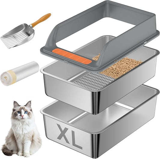 Stainless Steel Sifting Litter Box with Lid, XL Extra Large Sifting Cat Litter Box for Pine Pellets & Big Cats,Metal Pellet Sifter Litter Pan System for Odor Control,Sifting Box Liners & Scoop