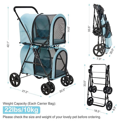 Double Pet Stroller for Dogs and Cats with 2 Detachable Carrier, Quick-Folding Dog Stroller for Medium Small Dogs Cats, 4 Wheels, Light Blue