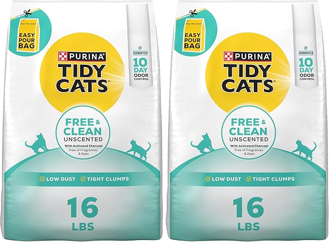 Purina Tidy Cats Clumping Cat Litter Odor Control, Free and Clean Unscented Multi Cat Litter - 16 lb. Bag (Pack of 2)