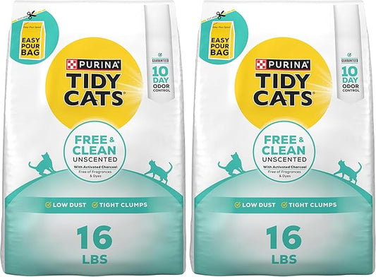Purina Tidy Cats Clumping Cat Litter Odor Control, Free and Clean Unscented Multi Cat Litter - 16 lb. Bag (Pack of 2)