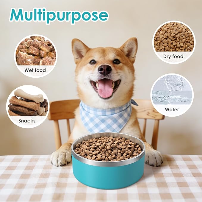 IKITCHEN Dog Bowl for Food and Water, 64 Oz Stainless Steel Pet Feeding Bowl, Durable Non-Skid Double Wall Insulated Heavy Duty with Rubber Bottom for Medium Large Dogs (64 Ounces/8 Cup, Lakeblue)