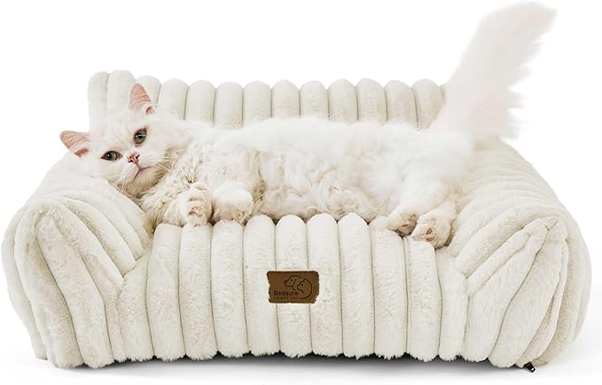 Bedsure Cute Cat Couch for Pets - Fluffy Cat beds with Premium Soft Corduroy Fleece, Fuzzy Cats beds for Indoor Cats with Removable Washable Cover, Supportive Pet Sofa, 24inch, Cream (Pack of 2)