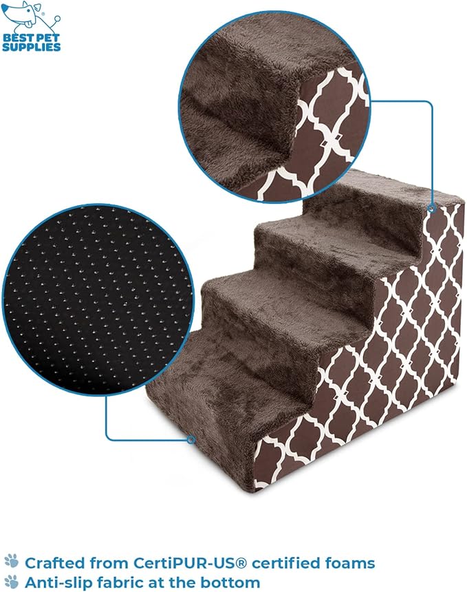 Best Pet Supplies Dog Stairs & Steps - Foam Steps for Small Dogs & Cats, Non-Slip Indoor Balanced Pet Step Support, Dog Ramp, No Assembly, Brown Lattice Print, 4-Step (18-inch Height)