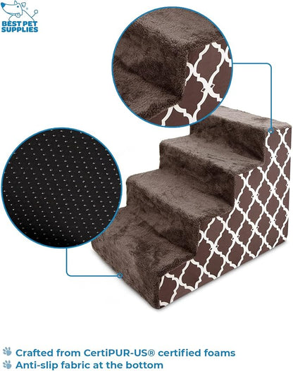 Best Pet Supplies Dog Stairs & Steps - Foam Steps for Small Dogs & Cats, Non-Slip Indoor Balanced Pet Step Support, Dog Ramp, No Assembly, Brown Lattice Print, 4-Step (18-inch Height)
