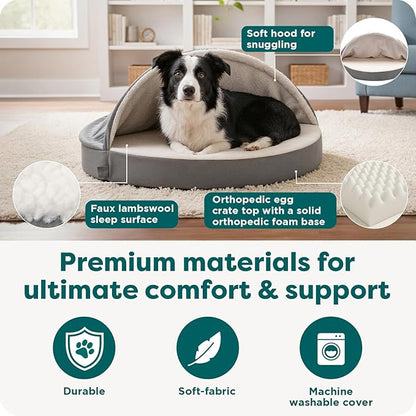 FurHaven Round Orthopedic Dog Bed for Medium Dogs, Egg Crate with a Solid Orthopedic Foam Base with Attached Blanket Hood and Removable Washable Cover, Medium, Sherpa & Suede Snuggery, Espresso